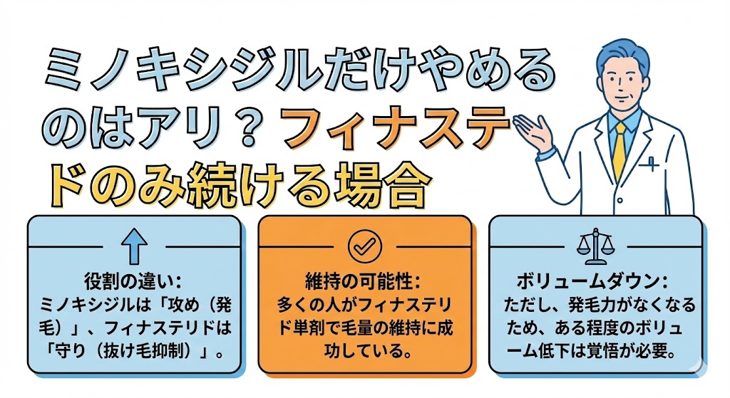 ミノキシジルだけやめるのはアリ？フィナステリドのみ続ける場合