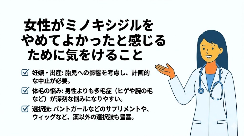 女性がミノキシジルをやめてよかったと感じるために気をつけること