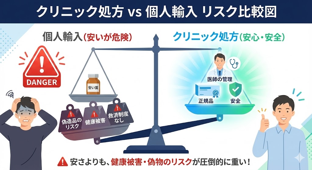 クリニック処方 vs 個人輸入 リスク比較図（天秤イメージ）