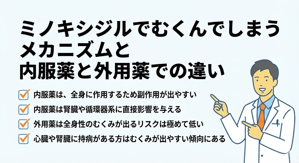ミノキシジルでむくんでしまうメカニズムと内服薬と外用薬での違い
