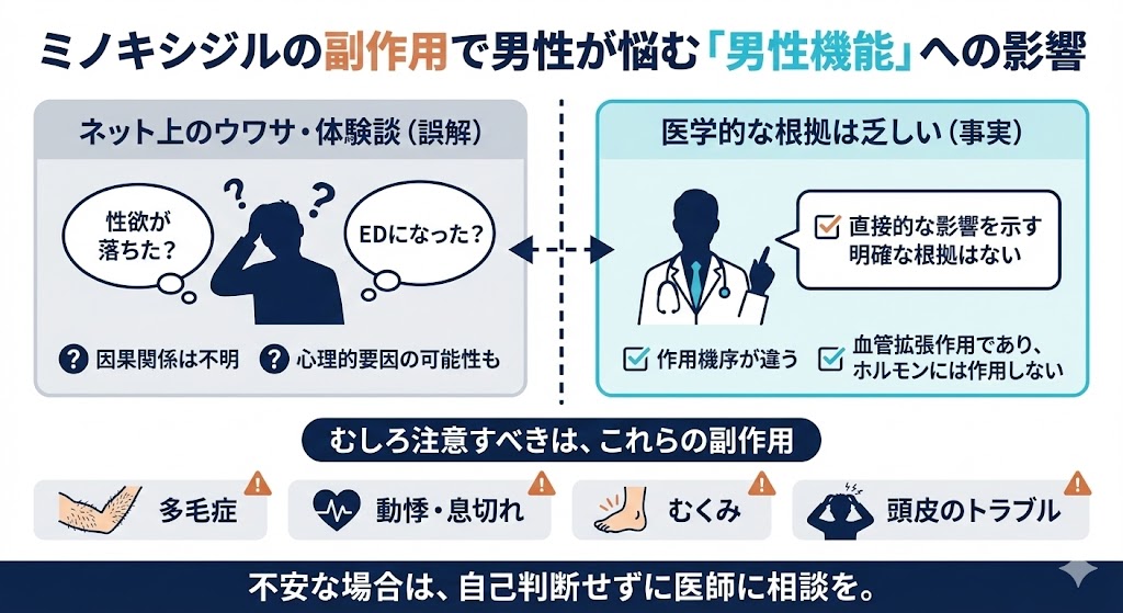 ミノキシジルの副作用で男性が悩む男性機能への影響
