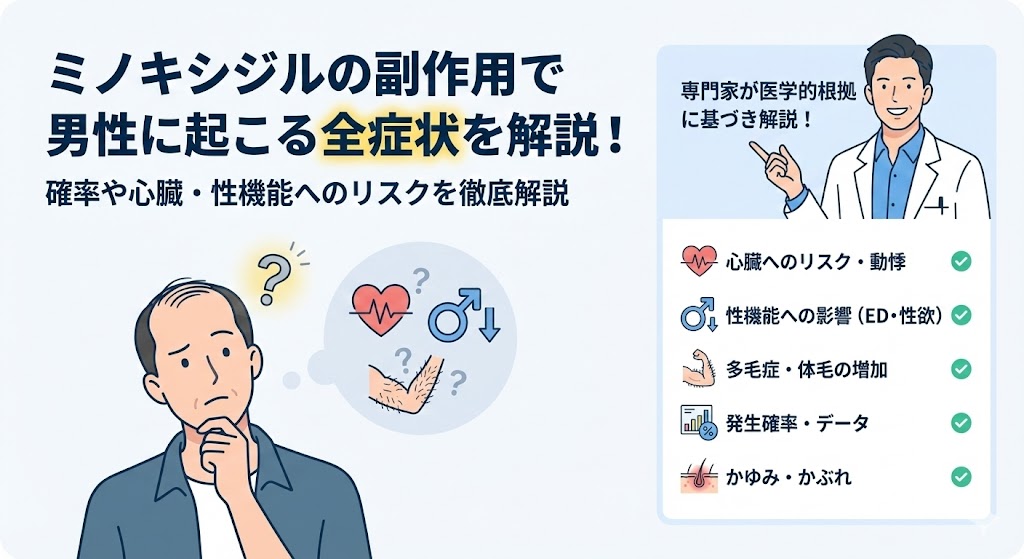 ミノキシジルの副作用で男性に起こる全症状を解説！確率や心臓・性機能へのリスクを徹底解説