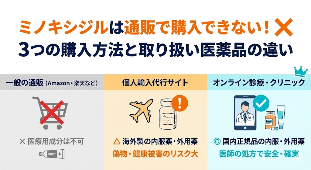 ミノキシジルは通販で購入できない！3つの購入方法と取り扱い医薬品の違い