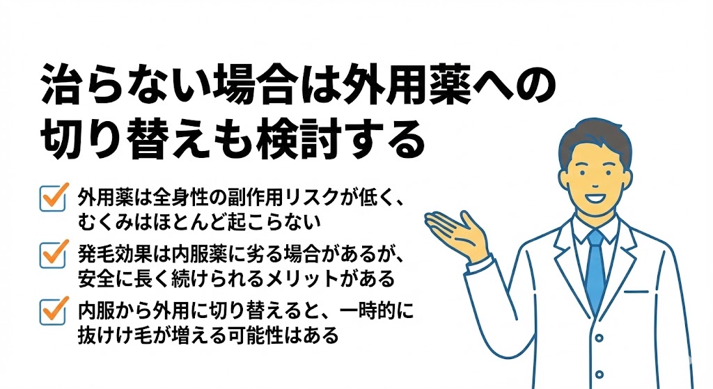 治らない場合は外用薬への切り替えも検討する