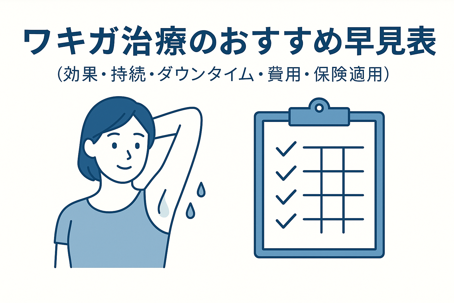 ワキガ治療のおすすめ早見表（効果・持続・ダウンタイム・費用・保険適用）