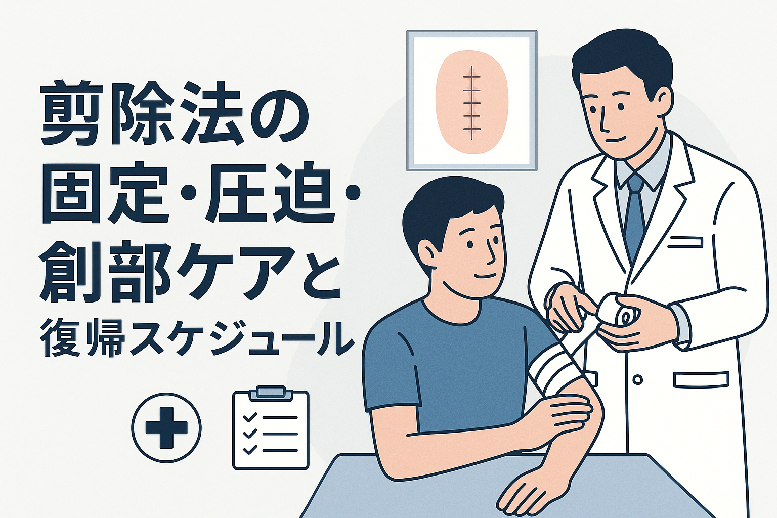 剪除法の固定・圧迫・創部ケアと復帰スケジュール
