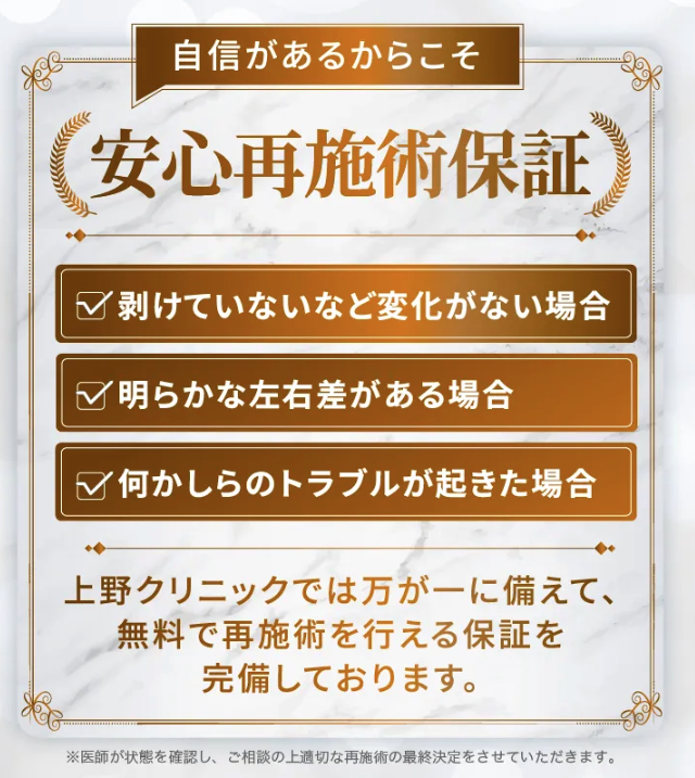 東京上野クリニックの安心再施術保証制度に関する画像